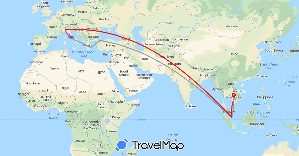 TravelMap itinerary: driving, plane, train, plane in Greece, Italy, Cambodia, Singapore, Turkey (Asia, Europe)