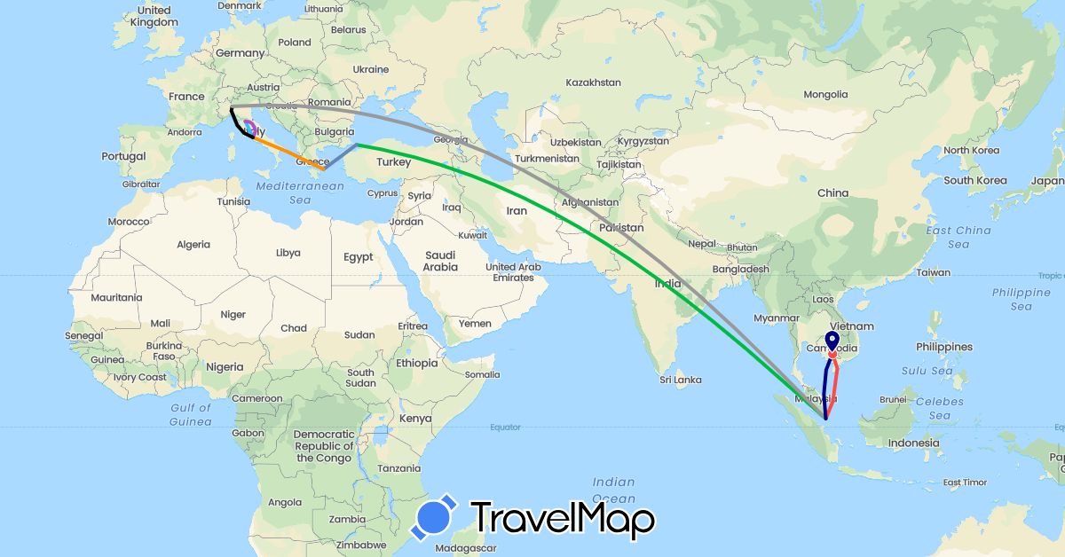 TravelMap itinerary: driving, bus, plane, cycling, train, hiking, boat, hitchhiking, milan in Greece, Italy, Cambodia, Singapore, Turkey (Asia, Europe)